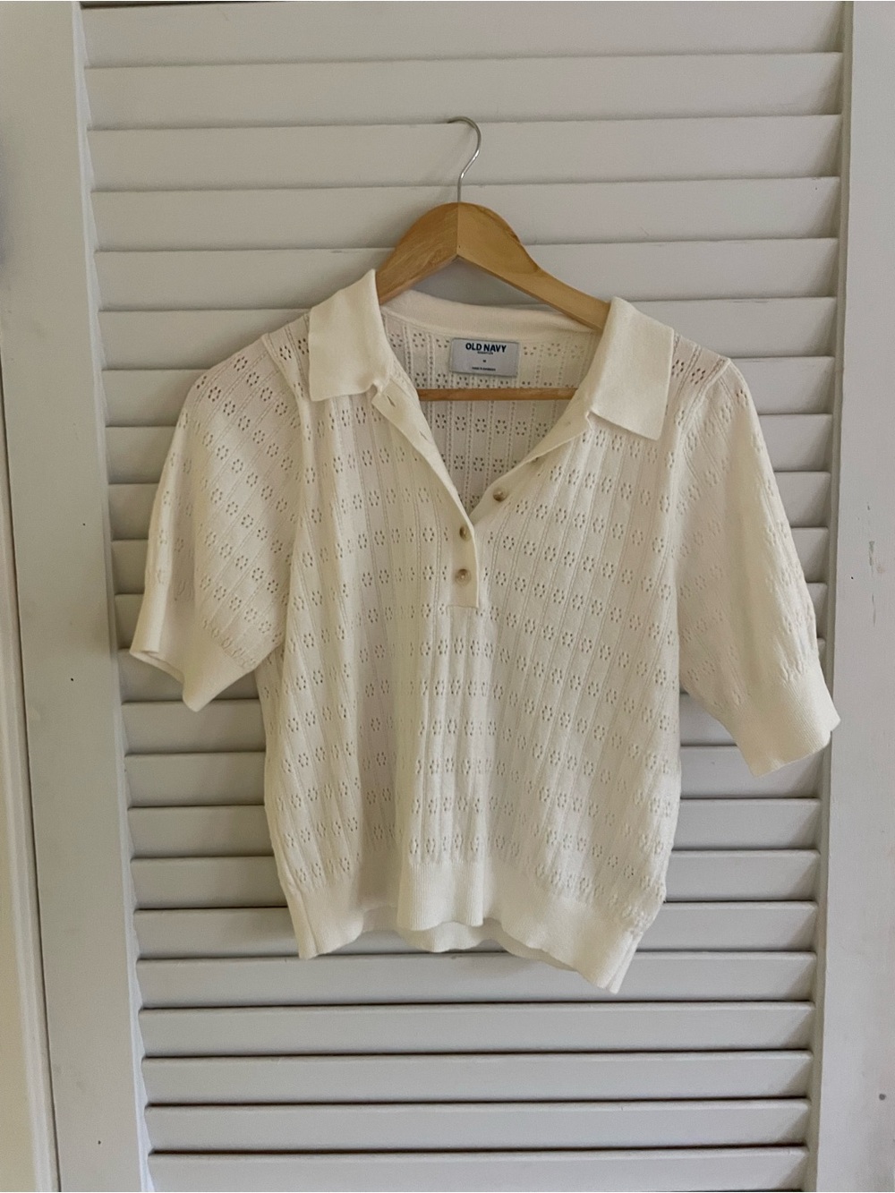 Old Navy Cream Open-Knit Button Front Polo Top